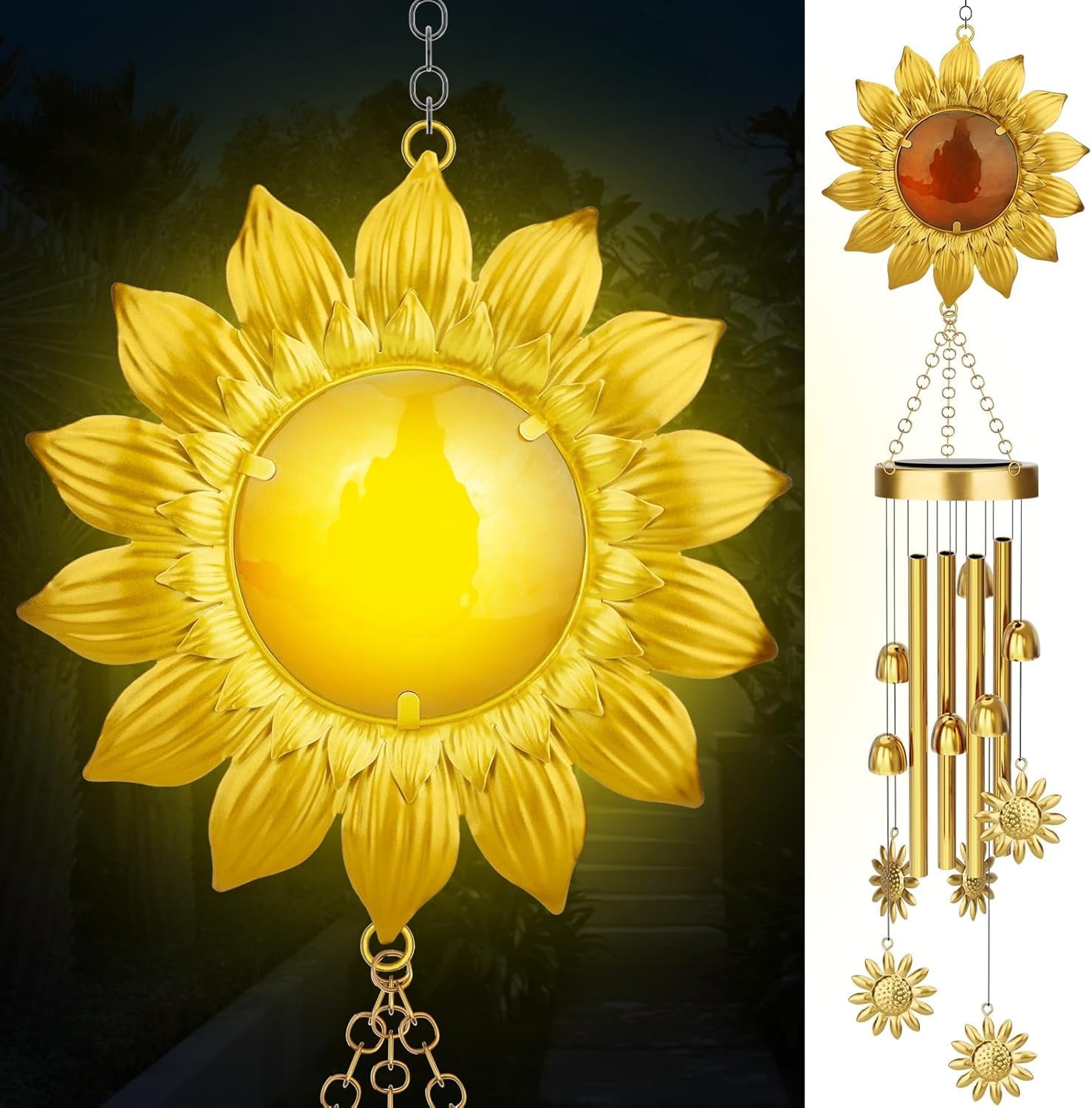 JYPS Solar Wind Chimes with Sunflower LED Lights, 42-Inch Large Waterproof Outdoor Garden Decor for Patio Yard, Unique Gifts for Women Mom Grandma, Mother's Day Birthday Easy-Install Design