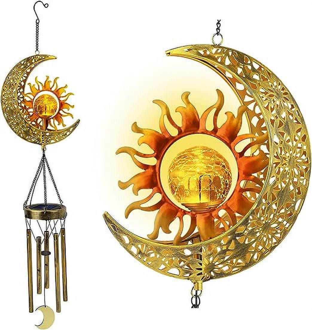 Solar Moon and Sun Crackle Glass Wind Chimes with Bronze Tubes