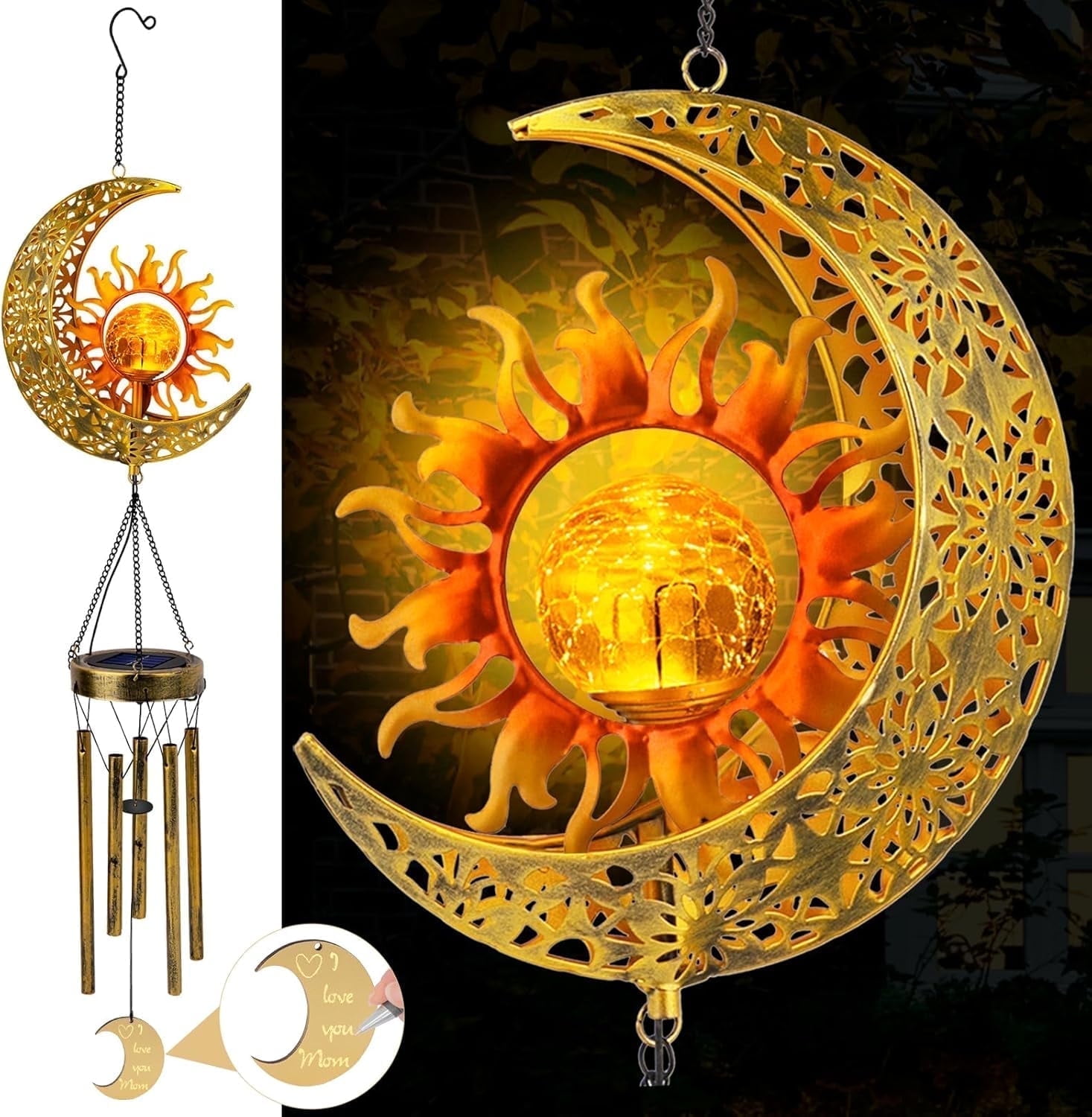Solar Moon and Sun Crackle Glass Wind Chimes with Bronze Tubes