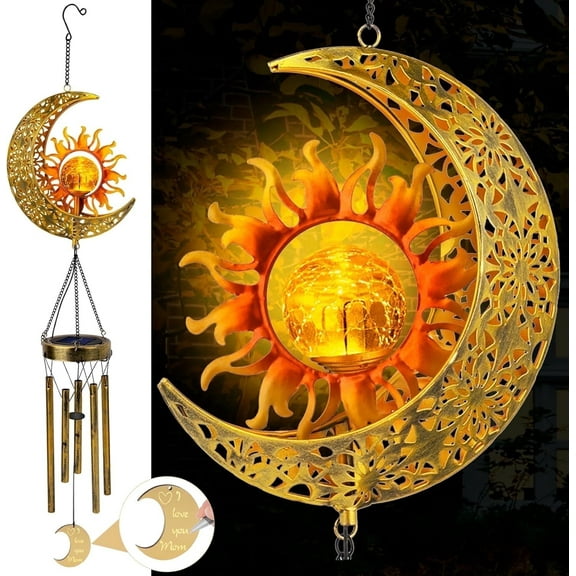 JYPS Sun Moon Solar Wind Chimes, 47-Inch Large Waterproof Windchimes for Outside with Glowing Crackle Glass Ball, Garden Patio Yard Decor Mother's Day Birthday Unique Gifts for Women Mom Grandma Wife
