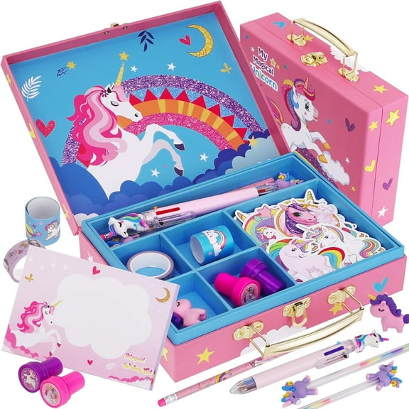 JYPS Unicorn Kids Stationary Set for Girls, Unicorns Gifts for Girls Ages 5 6 7 8 9 10 11 Year Old, Letter Writing Crafting Kit with Storage Box
