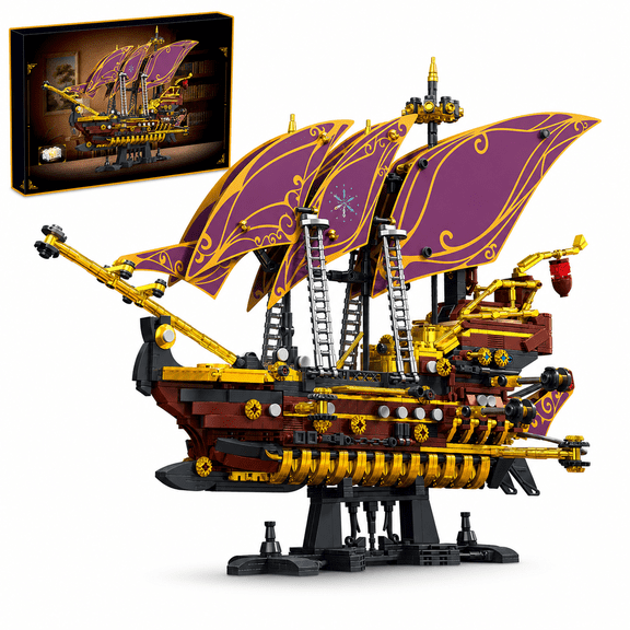 JYRUE Future Pirate Ship Building Set, 2285-Piece Large Sailing Ship Model Building Blocks Kit with Purple Sails, Treasure Light and Display Stand, DIY Construction Toy for Teens and Adults