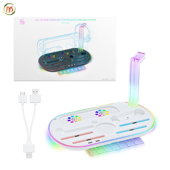 JYS All-in-One Cooling Charging Storage Dock for Nintendo Switch 2 NS2, RGB LED Multi-Light Mode Controller Charging Station with Dual Turbo Cooling Fans, Holds 4 Joy-Cons + 1 Pro Controller