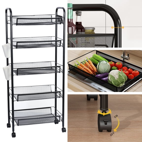 JYS Fruit Vegetable Storage Basket, 5 Tier Stackable Metal Mesh Storage Basket with 360 Degree Wheels, Fruit Vegetable Produce Basket Storage Organizer for Kitchen, Pantry, Black
