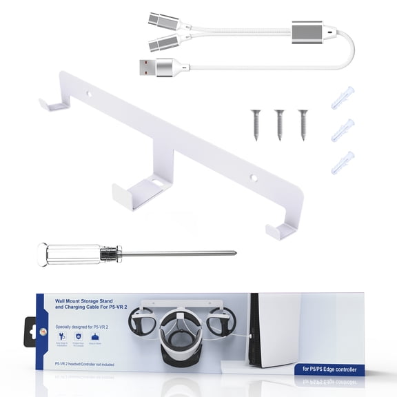 JYS Universal VR Wall Mount Storage Stand for PSVR2/Quest 2 - All-in-One VR Headset & Controller Organizer with Headphone Hook, Dual USB-C Charging Cable Included