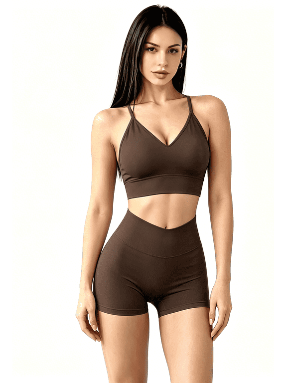 Women's 2 Piece Workout Set, Strappy V-Neck Open Back Sports Bra, High Waist Scrunch Butt 3" Inseam Biker Shorts, Quick Dry Yoga Fitness Outfit