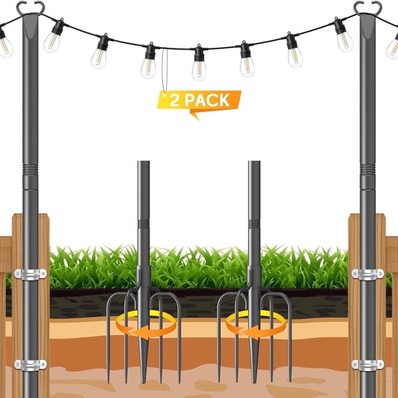 JYTOBN String Light Poles 2 pack,Poles for Hanginig Outdoor String Lights with Fork and Fence Clamp,Easy Assembly Garden Backyard Lighting Poles