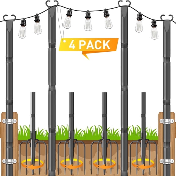 JYTOBN 10Ft String Light Poles 4 Pack,Poles for Hanging Outdoor String Lights with Fork and Fence Clamp