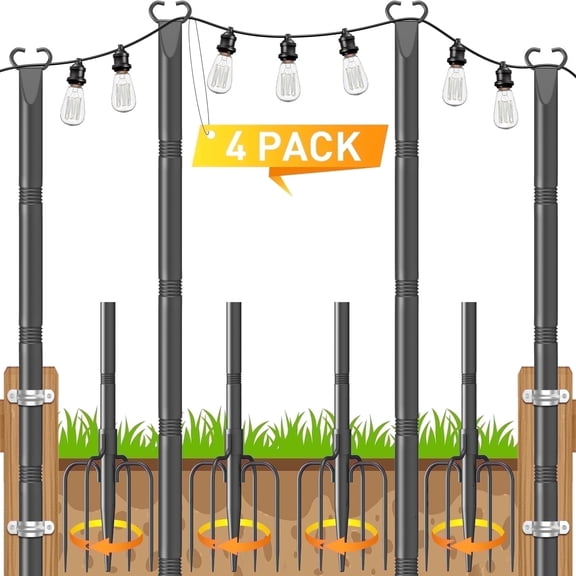 JYTOBN 10Ft String Light Poles 4 pack,Poles for Hanging Outdoor String Lights with Fork and Fence Clamp