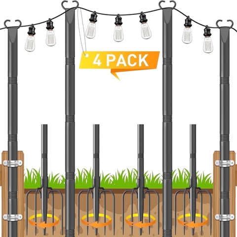 JYTOBN 10Ft String Light Poles 4 Pack,Poles for Hanging Outdoor String Lights with Fork and Fence Clamp