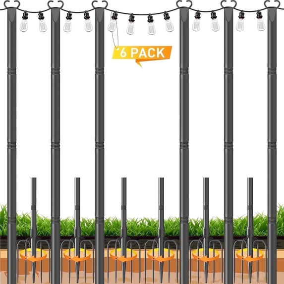 JYTOBN 10Ft String Light Poles 6 pack,Poles for Hanginig Outdoor String Lights with Fork and Fence Clamp