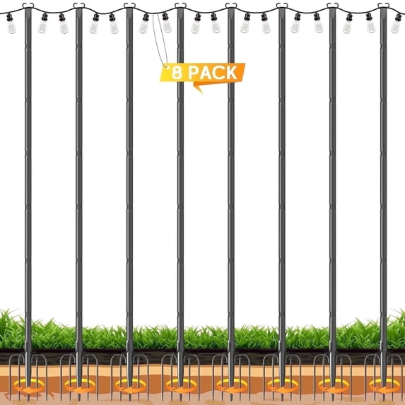 JYTOBN 10Ft String Light Poles 8 pack,Poles for Hanging Outdoor String Lights with Fork and Fence Clamp,Freestanding or Mounted on Fence/Deck/Patio