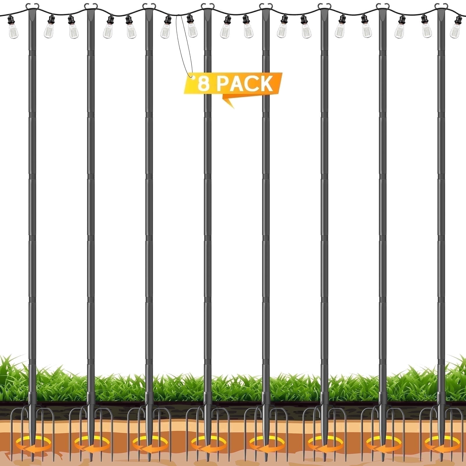 JYTOBN 10Ft String Light Poles 8 pack,Poles for Hanging Outdoor String Lights with Fork and Fence Clamp,Freestanding or Mounted on Fence/Deck/Patio