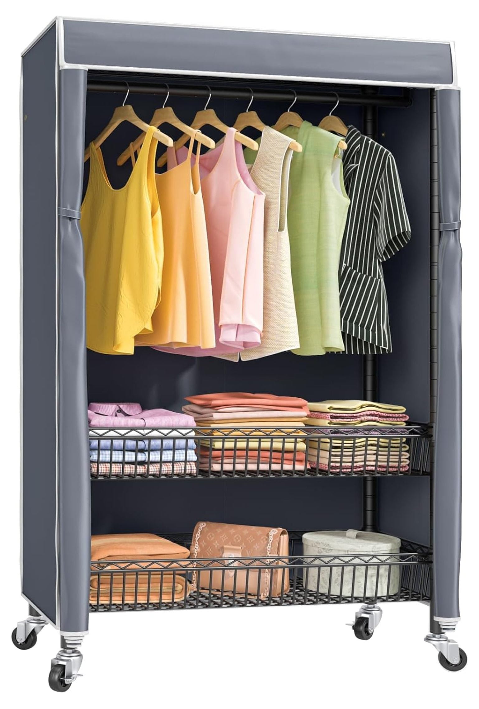 JYUii R2C Plus Rolling Garment Rack with Cover and Wheels, Heavy Duty