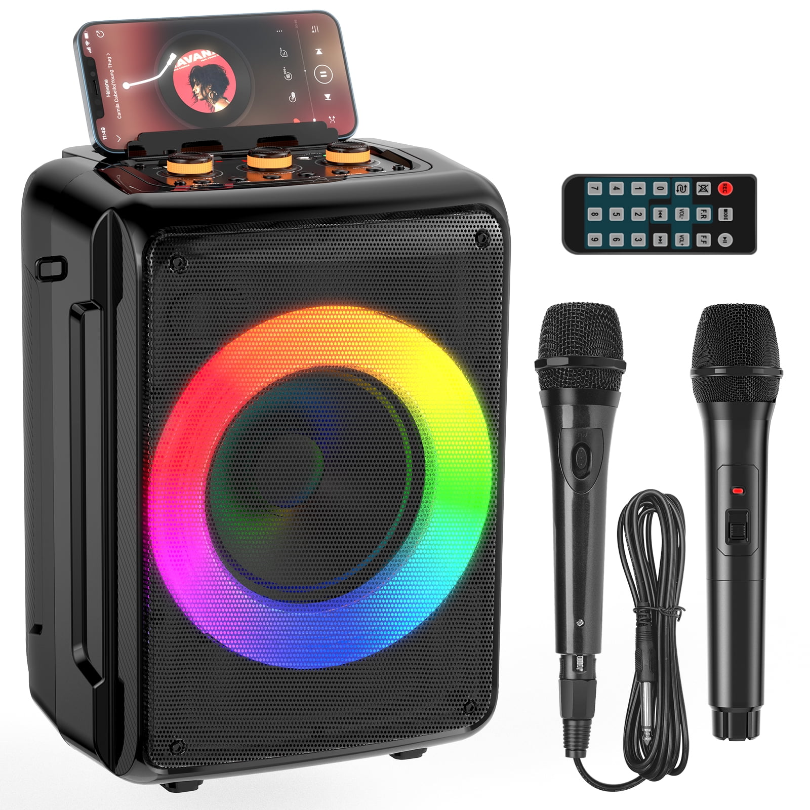 JYX Bluetooth Karaoke Machine with 2 Microphones, Singing Machine PA Portable Speaker System with LED Lights Supports TF Card/USB, AUX/MIC in