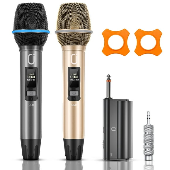 JYX Dual Wireless Microphone, Handheld Wireless Bluetooth, Metal Professional Dynamic, 2-Pack, Gray, Gold