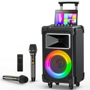 JYX Karaoke Machine with 2 Microphones, Large Bluetooth Speaker with Mic and Wheels for Outdoor Party, Home Karaoke Speaker PA System with LED Light, AN20