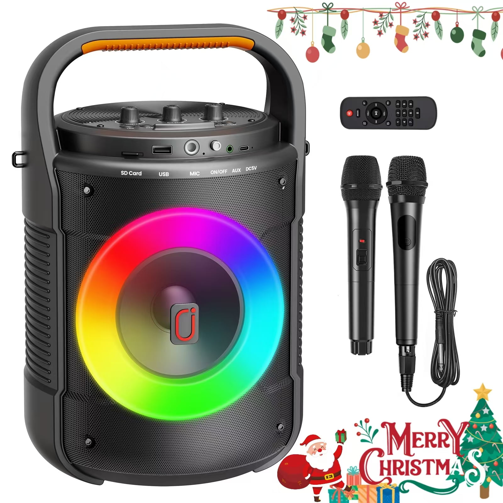 JYX Karaoke Machine, Bluetooth Speaker with RGB Light, Karaoke Machine with 2 Microphones, Powerful Subwoofer, Portable Speaker System Supports TF Card/USB, AUX/MIC in, D12
