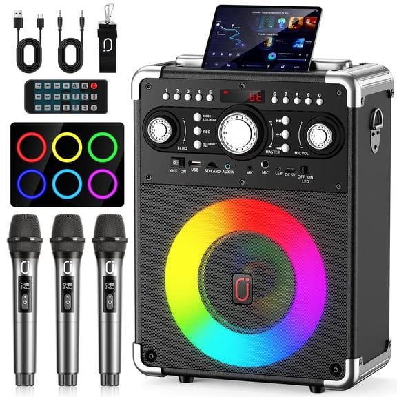 JYX Karaoke Machine, Bluetooth Speaker with Microphone and Light, 3 Wireless Karaoke Microphone, Home Karaoke System, S8-T