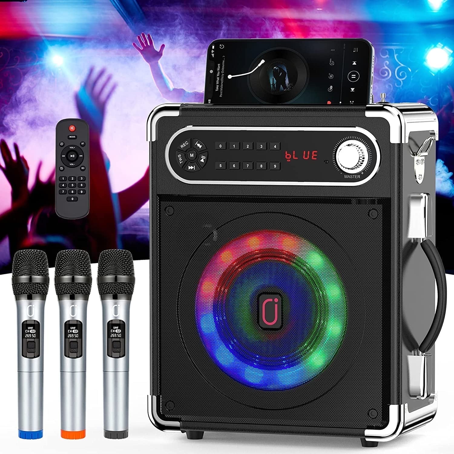 JYX Karaoke Machine, Home Karaoke System, 3 Wireless Karaoke Microphone, FM Radio, LED Light