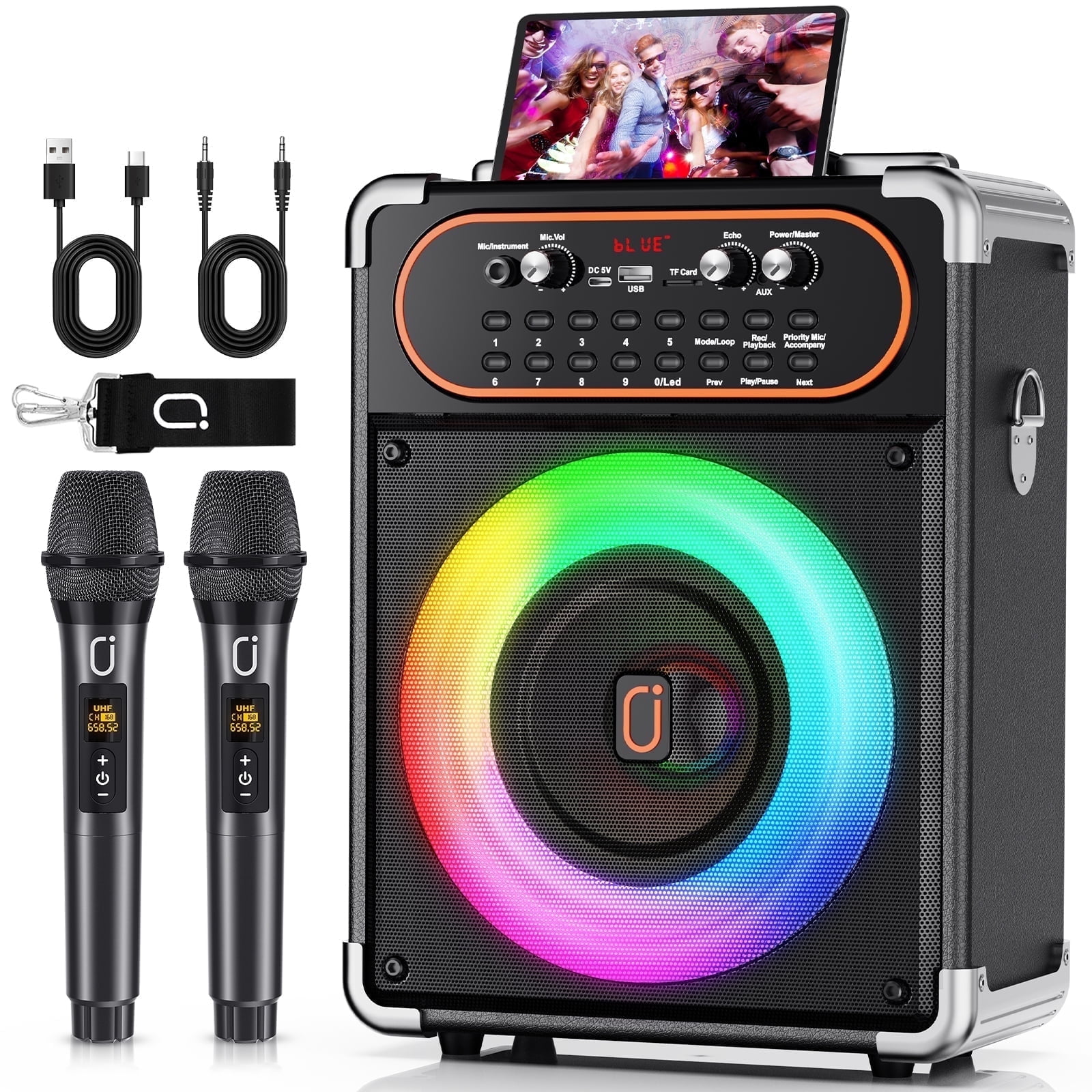 JYX Karaoke Machine for Adults, Home Karaoke Speaker System with 2 Microphones, Portable Bluetooth Speaker with DJ Lights, Reverb Adjustment, S68