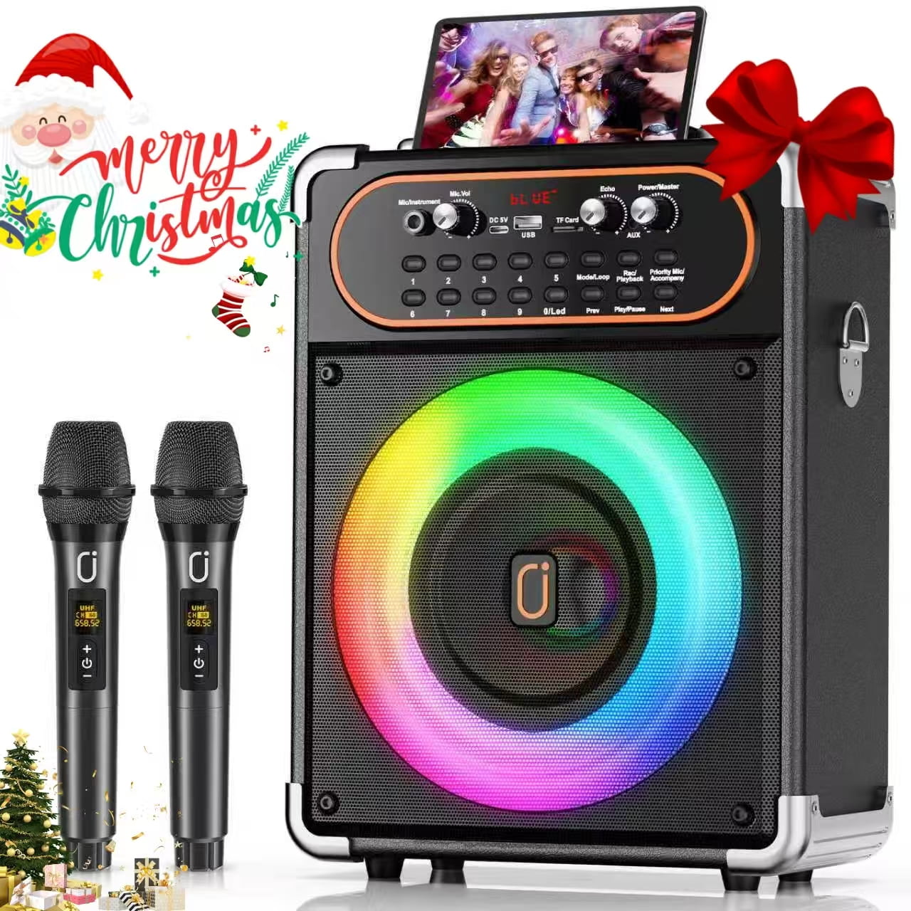 JYX Karaoke Machine, Home Karaoke Speaker System with 2 Microphones for Adults, Portable Bluetooth Speaker with DJ Lights, Reverb Adjustment, S68