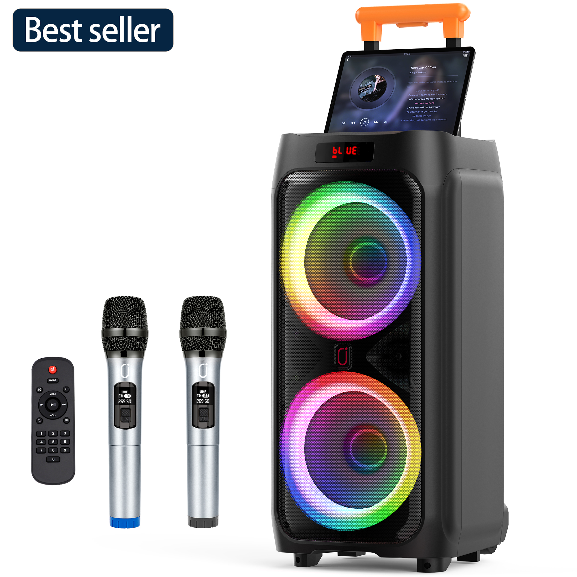 FanFun Large Party Speaker, Bluetooth Speaker with Wheels for Outdoor, Deep Bass System with Led Party Lights, Trolley Bar