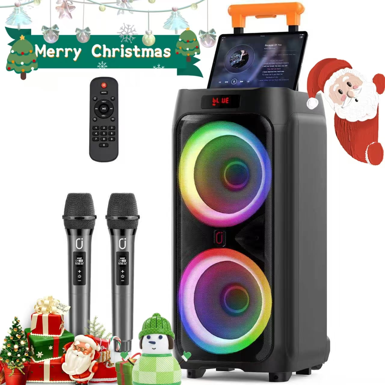 FanFun Large Party Speaker, Bluetooth Speaker with Wheels, Trolley Bar, LED Party Light, 2 Microphones