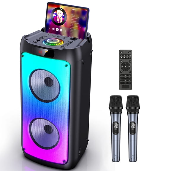 JYX Party Speaker, Bluetooth Speaker with 2 Microphones, Dual 4'' Subwoofer Deep Bass, Rgb Lights