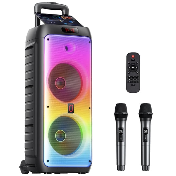 JYX Party Speaker with Wheels for Outdoor, Bluetooth Speaker with 2 Microphones, Dual 8'' Subwoofer Deep Bass, Rgb Lights