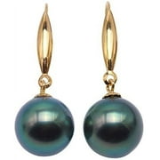 JYX Pearl 18K Gold Drop Earrings AAA Quality 9mm Peacock Green Tahitian Saltwater Cultured Pearl Dangle Earrings for Women