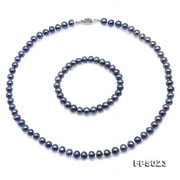 JYX Pearl Necklace 7-8 Flatly Round Peacock Blue Pearl Necklace and Bracelet Set