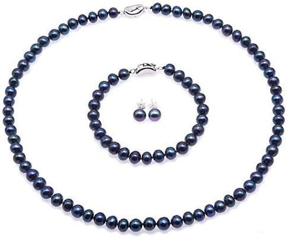 JYX Pearl Necklace Set 7-8mm Blue Freshwater Cultured Pearl Necklace Bracelet and Earrings Jewelry Set