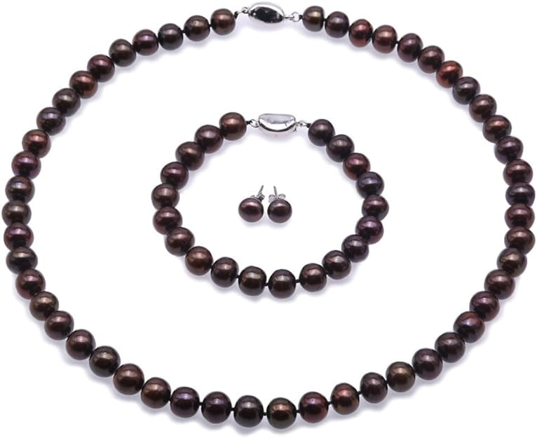 JYX Pearl Necklace Set 9-10mm Dark-brown Freshwater Pearl Necklace Bracelet and Earrings Set