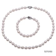 JYX Pearl Necklace Set AA 7-8mm Natural Oval Freshwater Cultured Pearl Necklace and Bracelet Set White