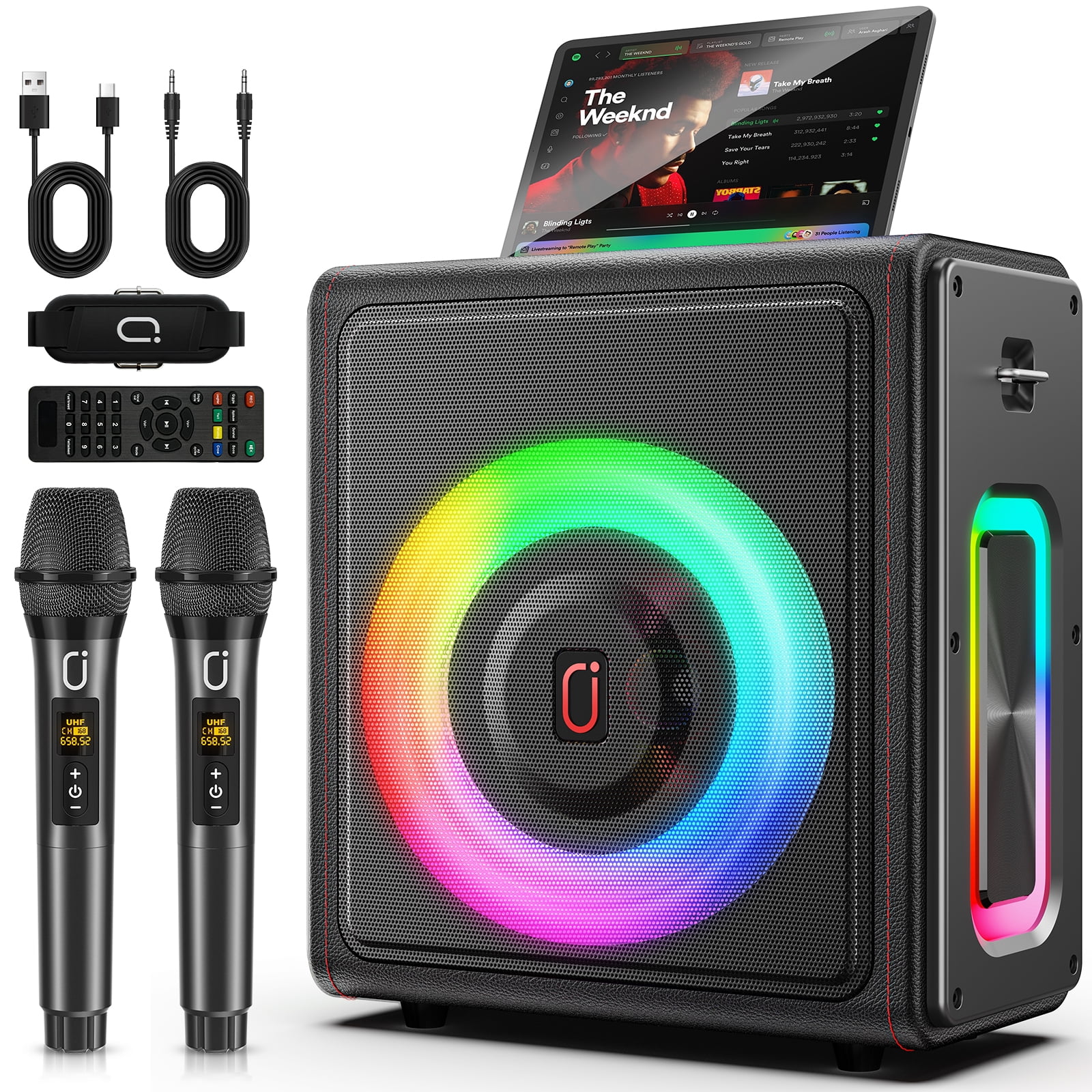 JYX Portable Speaker Bluetooth, Party Speaker with 2 Wireless Mics, Outdoor Speaker with DJ Lights, 6.5-Inch Subwoofer, MS75