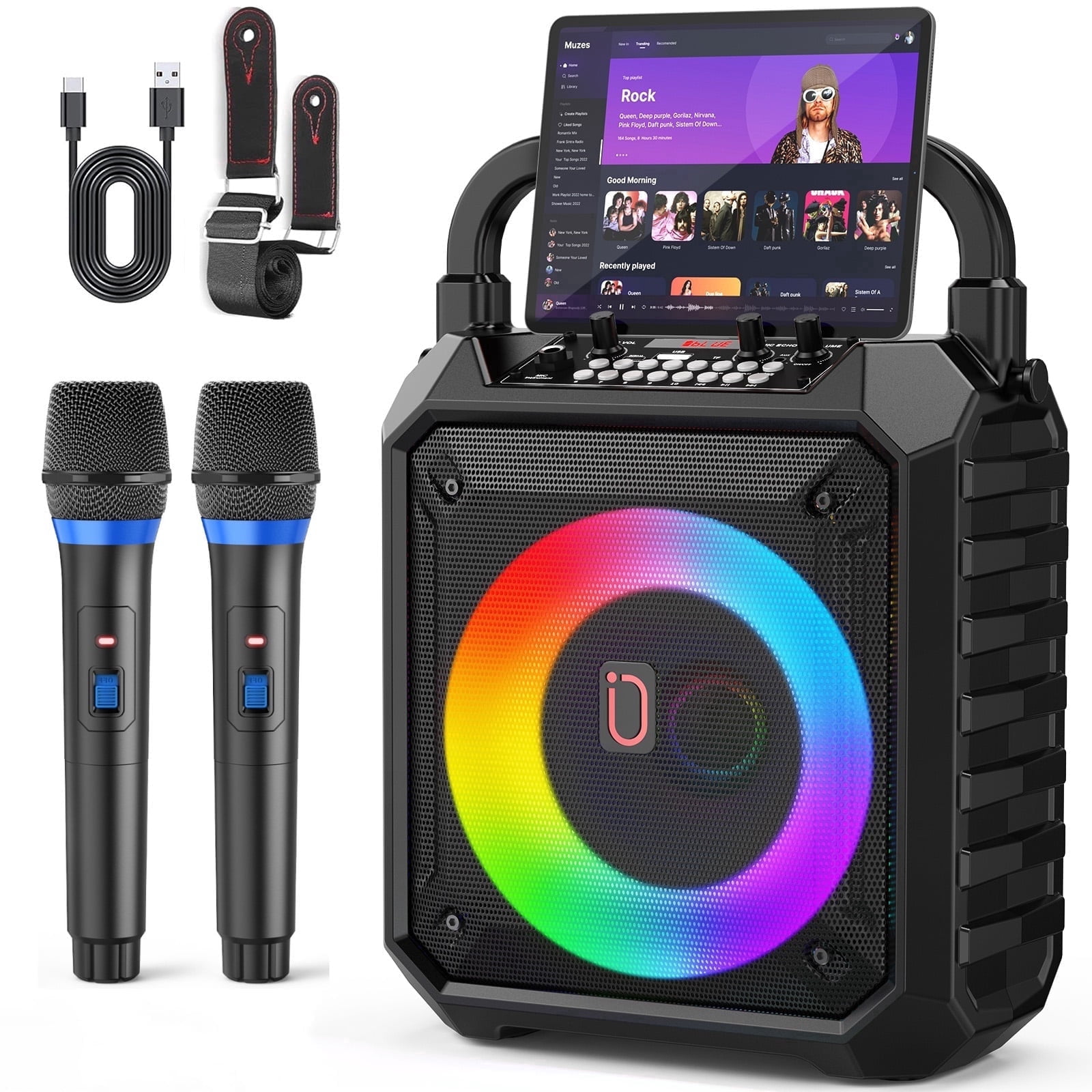 FanFun Portable Party Speaker with Microphones, Stereo Sound Bluetooth Speaker with Colorful Led Lights for Outdoor/ Home and Travel, 12H Playing