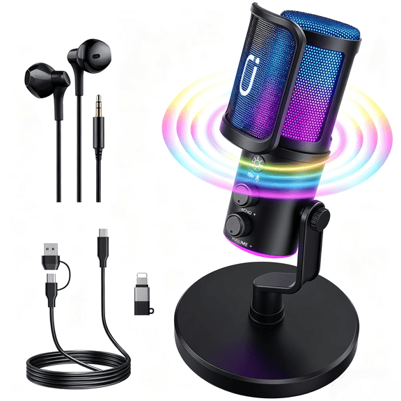 JYX Microphone, Dynamic USB Gaming Microphone for PC PS4/5, Podcast, Streaming, RGB, Anti Spray Net, Noise Cancellation, Reverb, 3.5mm Headphone Jack