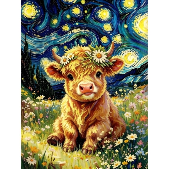 JYXSJYYD Diamond Art Painting Kit for Adults, Starry Night Highland Cow Pattern, Home Wall Decor Gift, 12 x 16 Inch