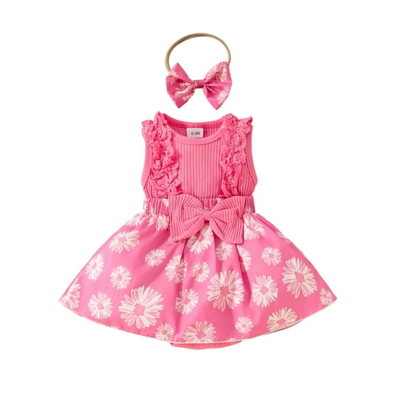 JYYYBF 2 Pcs Baby Girls Set Adorable Lace Flower Bow Ribbed Sleeveless Round Neck Romper Dress Bow Tie Headband Outfits