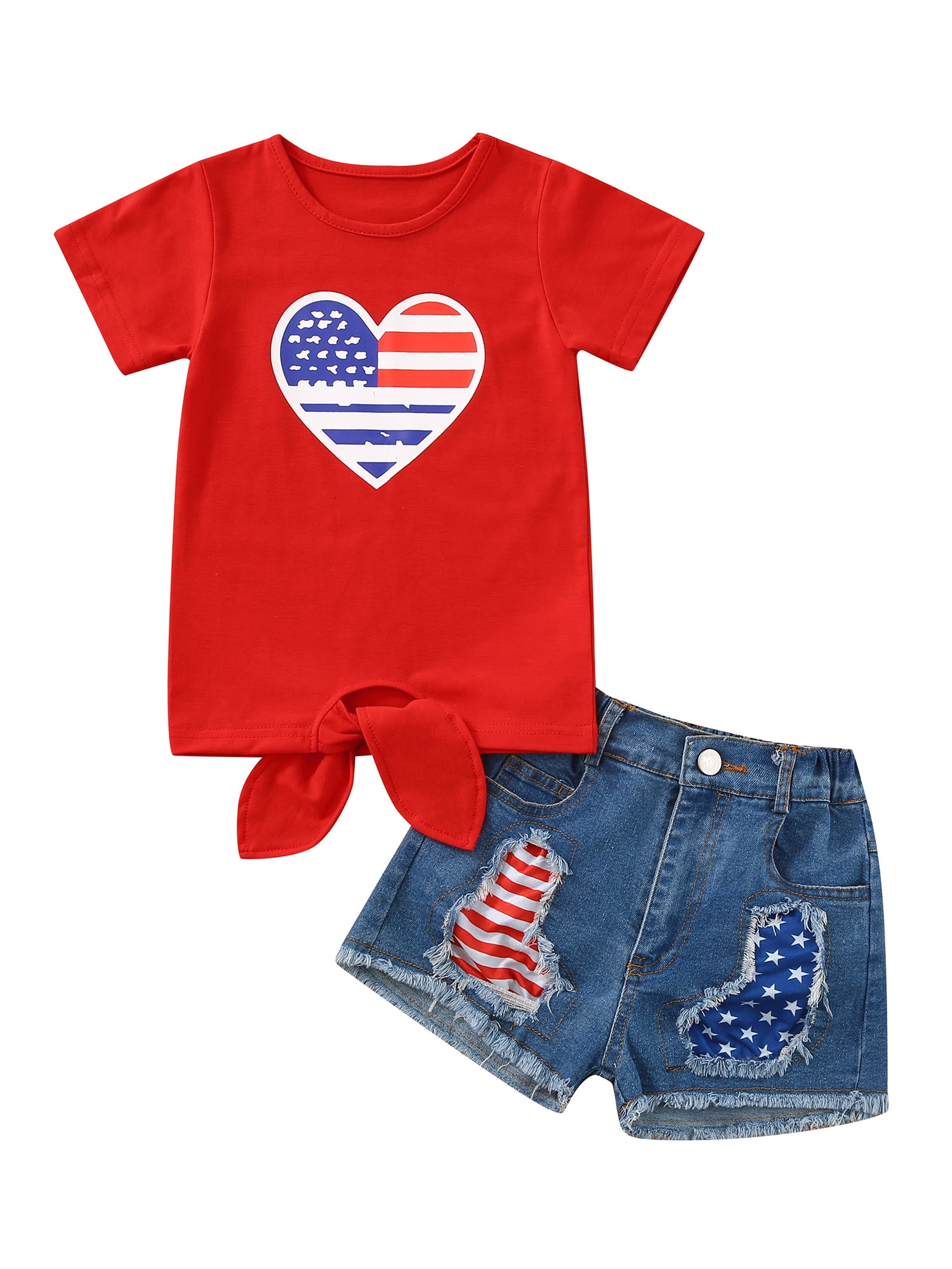 Independence Day 2pcs Toddler Boy Casual Patchwork Ripped Denim Shorts and Pocket Design Tee Set