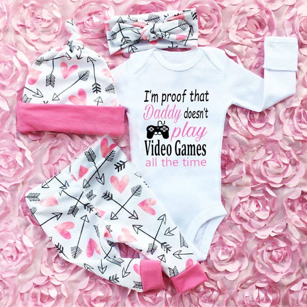 JYYYBF 4PCS Newborn Baby Girls Outfits Set Long Sleeve Video Games Romper  Tops Long Pants with Hat Hairband Clothes 0-3 Months - Walmart.com