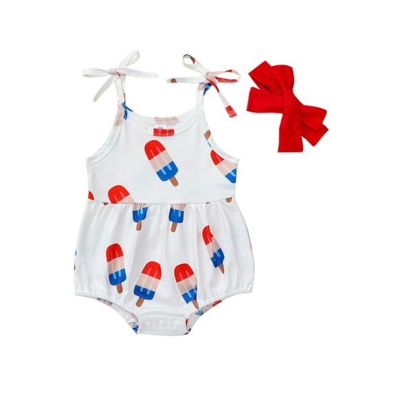 JYYYBF 4th of July Baby Girls Rompers Ice Cream Print Tie-Up Spaghetti Strap Bodysuits Summer Jumpsuits with Headband
