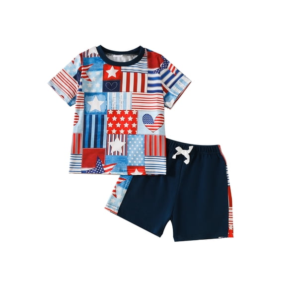 JYYYBF 4th of July Kids Boys Outfits Stripe Stars Print Patchwork Short Sleeve T-Shirts Elastic Waist Shorts 2Pcs Clothes Set