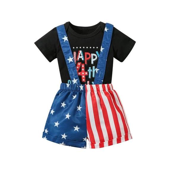 JYYYBF Baby Boy 4th of July Outfits, Short Sleeve Letter Print Romper + Elastic Waist Suspender Shorts Infant Independence Day Set