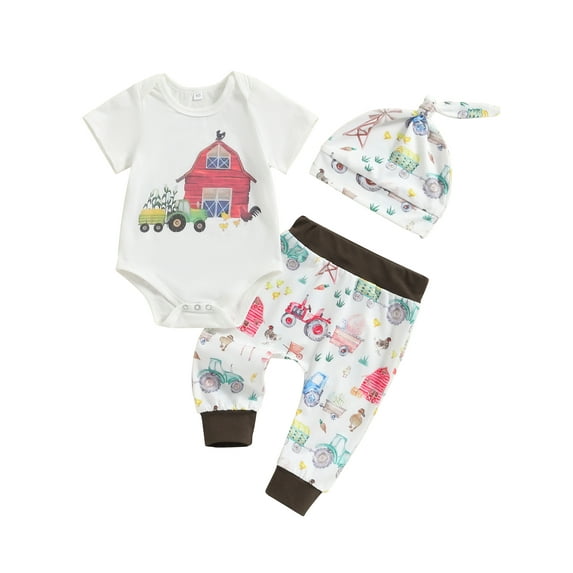 JYYYBF Baby Boys 3Pcs Summer Outfits Short Sleeve Cartoon Print Romper + Pants + Hat Set Farm Clothes