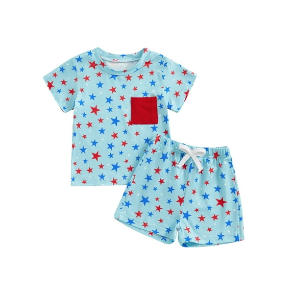 JYYYBF Baby Boys Memorial Day Outfits Star Print Short Sleeves T-Shirt and Elastic Shorts Set for 2 Pcs Vacation Clothes Set