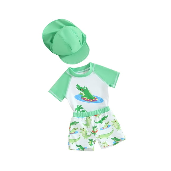 JYYYBF Baby Boys Rash Guard Set, Shark Crocodile Print Short Sleeve Top with Shorts Hat Swimsuit Summer Swimwear