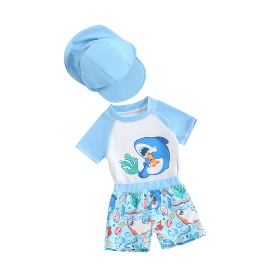 JYYYBF Baby Boys Rash Guard Set, Shark Crocodile Print Short Sleeve Top with Shorts Hat Swimsuit Summer Swimwear