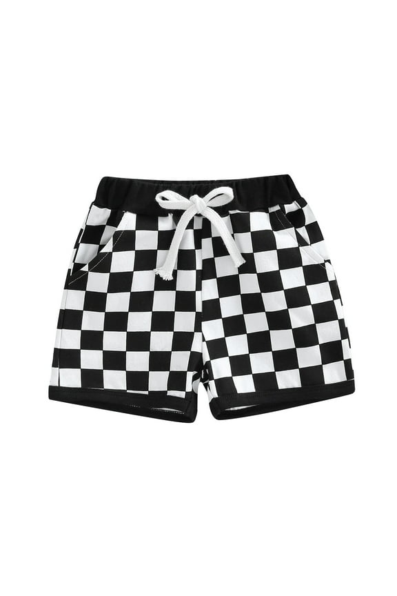 Baby Boys Shorts with Checkerboard Print, Elastic Waist Drawstring Casual Pocket Decoration Clothing